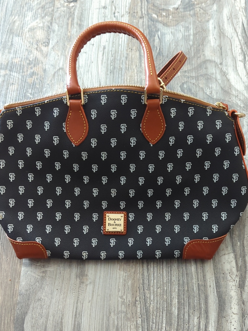 Dooney & Bourke Black Logo Satchel with Brown Trim and Gold Hardware